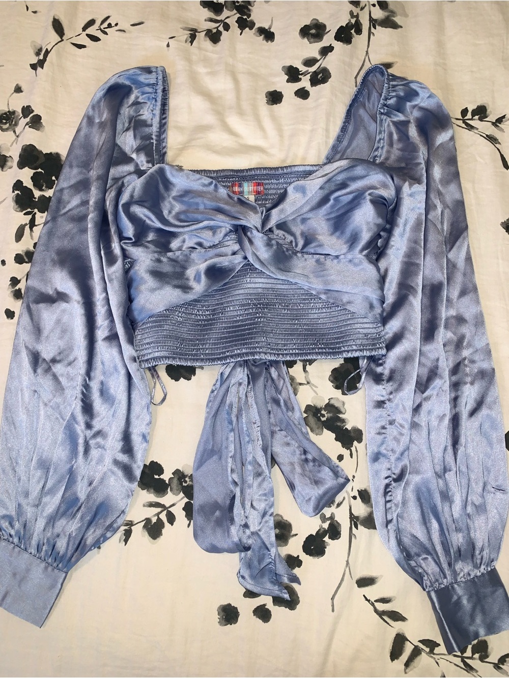 Urban Outfitters Light Blue Satin Twist-Front Long Sleeve Crop Top